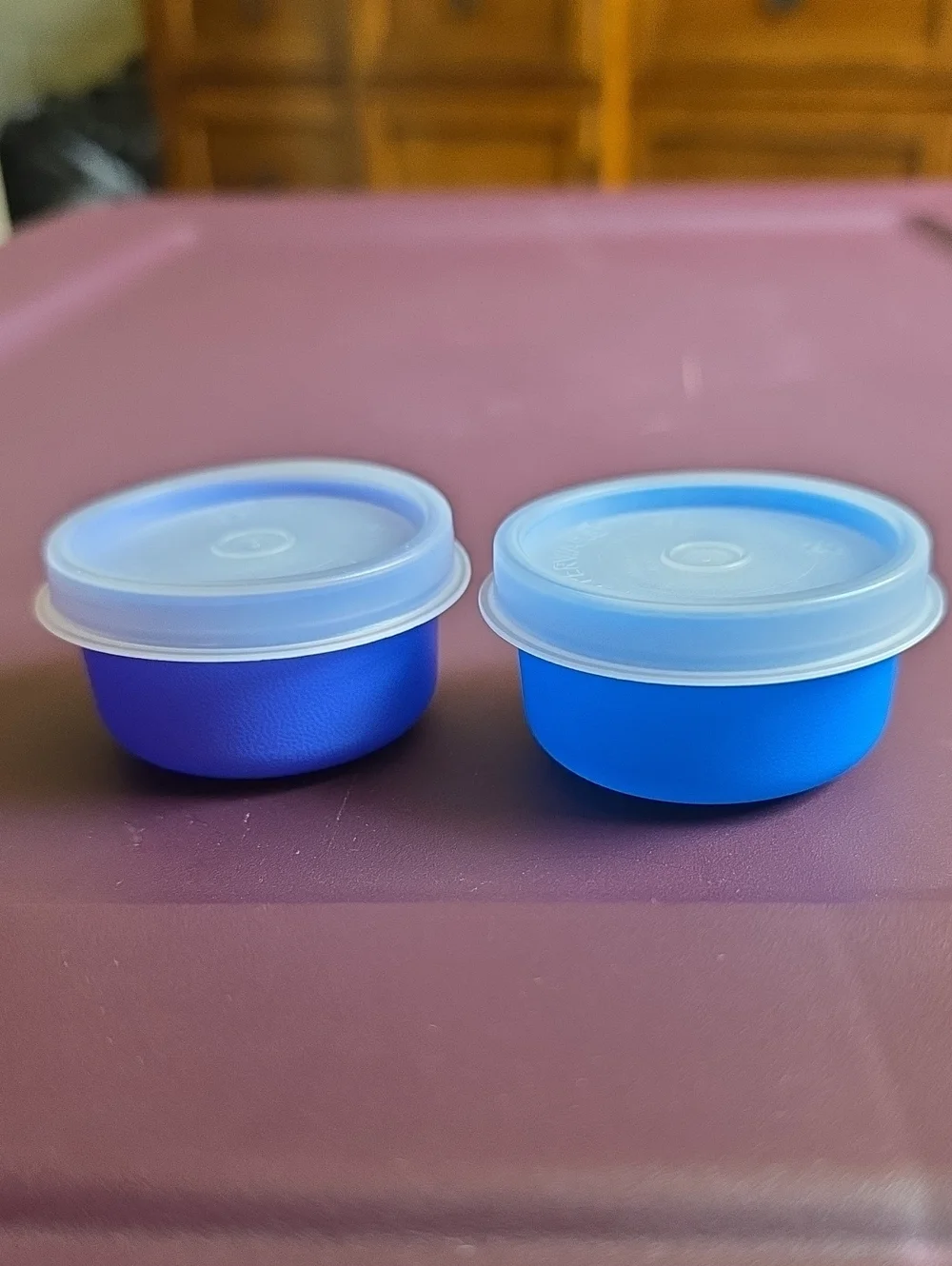 Tupperware Smidget Blue and Purple Round Storage Containers with Lids. 1oz